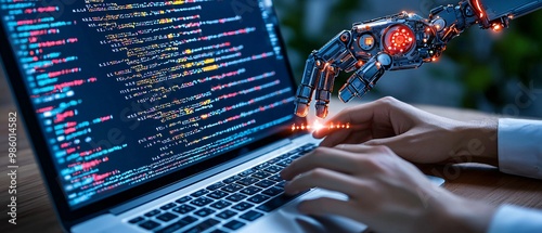 AI Robot Hand Interacting with Computer Code