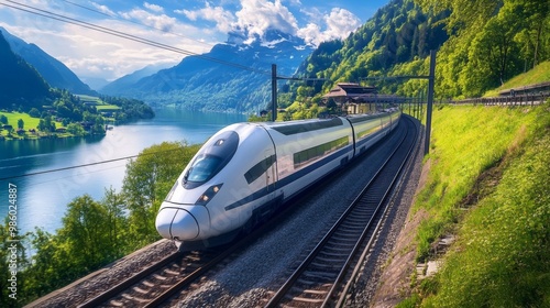 An exterior shot of a high-speed train traveling along a picturesque landscape, with a focus on its aerodynamic shape and streamlined design.