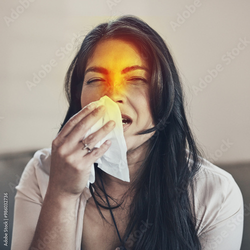 Sick woman, sneezing and home for allergy, blowing nose and tissue in living room with glow, sinus or fever. Female person, congestion and illness as unhealthy reaction, season and flu virus symptoms