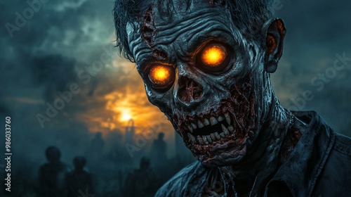 Eerie zombie with glowing eyes against a dark sunset backdrop, creating an atmospheric horror scene.