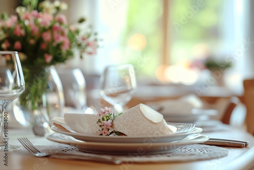 Elegant Dining Table. Wine Glasses Fresh Flowers. Bright White Linen. Wedding Ceremony.