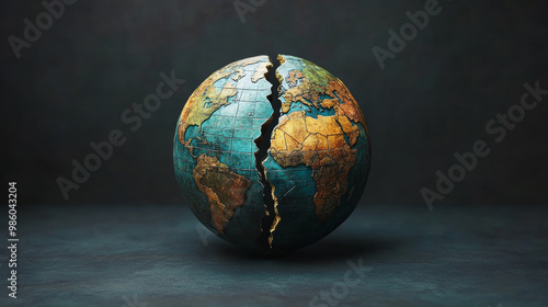 globe split in two symbolizes division and conflict, highlighting impact of tariffs and sanctions on global unity. This striking image evokes sense of urgency and reflection