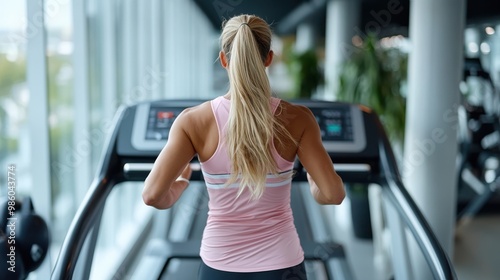 The image depicts a blonde woman with a ponytail running on a treadmill in a modern, well-lit fitness gym. Her posture and the equipment are captured from behind.