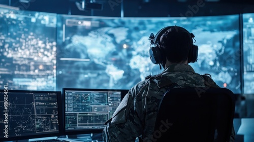 A military personnel monitors data in a high-tech command center with multiple screens.