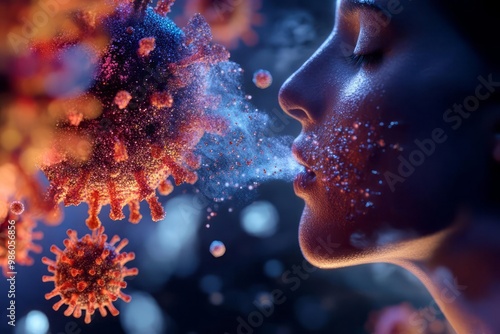 Person inhaling oxygen, microbes, viruses, microscopic particles, integrated illustrations, vivid, educational