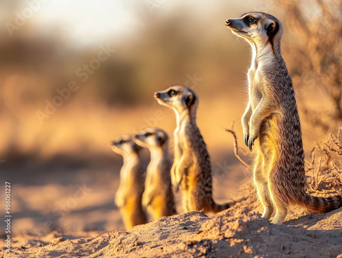 Group of Meerkats Standing on Alert in the Desert