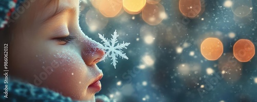 A close-up of a child's face with a snowflake on the nose, surrounded by soft, glowing winter lights and falling snow.