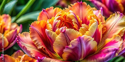 Close-up of exotic parrot tulip with layered petals in vibrant shades of pink and yellow