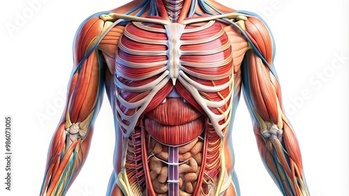 The diaphragm separates the chest cavity from the abdomen, where the stomach, liver, and kidneys are nestled among layers of abdominal muscles.