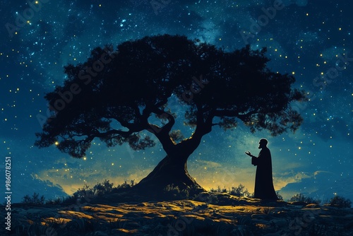 Nocturnal Landscape of Abraham's Silhouette Communicating with God Under a Majestic Tree