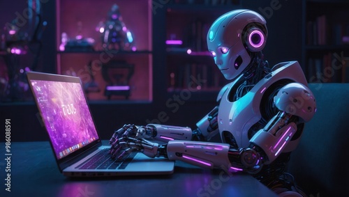 Humanoid robot using laptop with nebula display