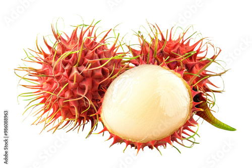 Fresh rambutan fruit reveals its striking red, spiky rind alongside the translucent white flesh, emphasizing this tropical delicacy's unique appearance and taste.