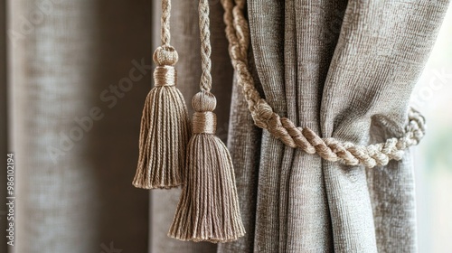 A close-up of a curtain with decorative tassels and a textured fabric, adding a luxurious touch to the interior design.