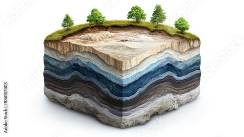 Illustration of soil layers and geological formations with trees on top, showcasing earth's structure and natural landscape.