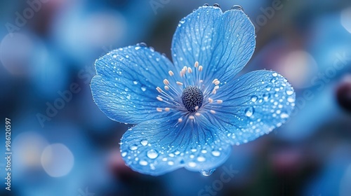 surreal closeup of an ethereal blue flower with gossamer petals dreamy bokeh background with soft focus dewdrops creating an otherworldly botanical fantasy