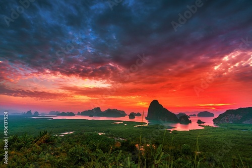 Most recognizable Thailand travel destination, Phang Nga Bay nature landscape with mangrove rainforest and scenery mountain rocks in Andaman sea Phuket, Thailand