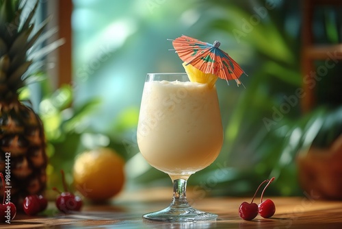 tropical paradise cocktail crystal glass filled with creamy pina colada playful paper umbrella fresh pineapple slice maraschino cherries beachside ambiance