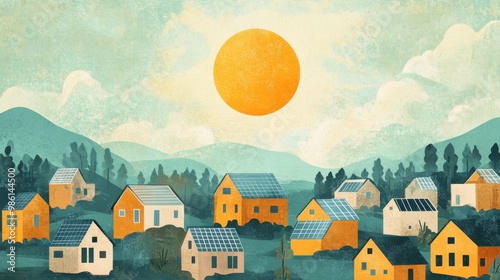 The concept of solar energy supporting clean, affordable housing solutions in soft blues and warm oranges