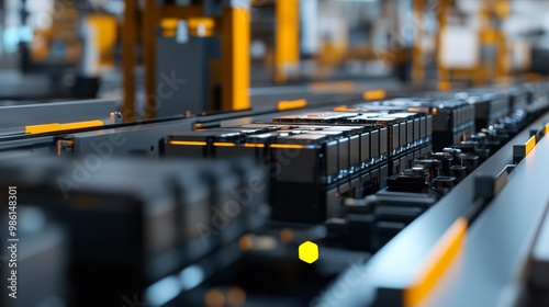 Close-Up View of Electric Vehicle Battery Cells on a Mass Production Assembly Line