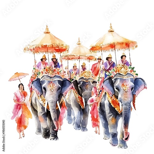 Watercolor Illustration of a Procession of Elephants with Riders in Traditional Indian Attire.