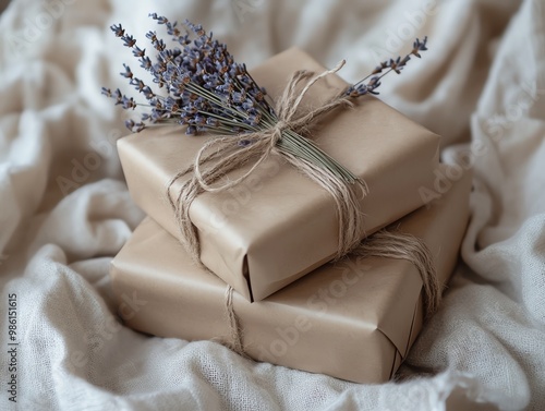 Minimalist Christmas gift wrapping in plain kraft paper with twine and dried lavender, emphasizing ecofriendly, rustic aesthetics, Eco wrapping, Rustic holiday packaging