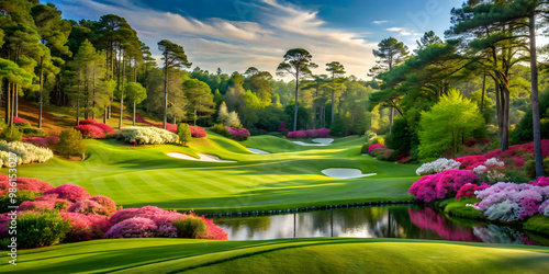 Scenic view of Augusta National Golf Course with lush green fairways and blooming azaleas, Augusta National, golf course