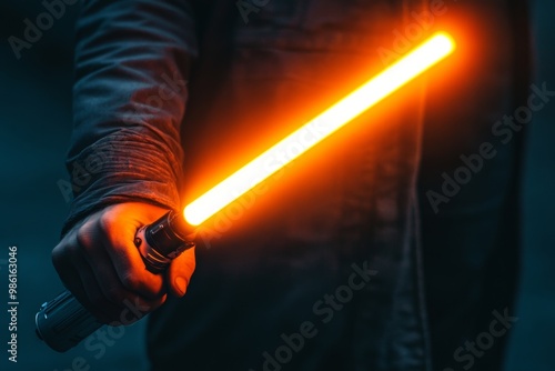 A person gripping an orange lightsaber, showcasing a unique sci fi weapon in action