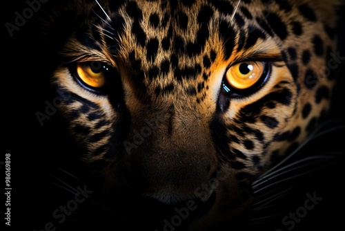 A leopard's eyes glowing in the darkness, its gaze piercing through the night like twin beacons of predatory hunger.