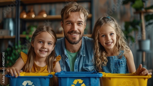 A father teaches his child how to properly separate recyclable waste into the correct bins, instilling environmental responsibility from a young age.