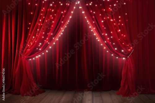 A pair of lush red velvet curtains drawn back to reveal a sparkling heart-shaped archway adorned with twinkling fairy lights.