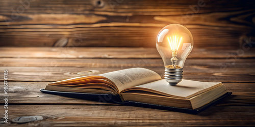 Light bulb and book on wooden surface, knowledge, education, inspiration, reading, creativity, learning, idea