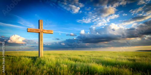 A wooden cross standing in a field under a blue sky , religion, faith, Christianity, symbol, spiritual, belief