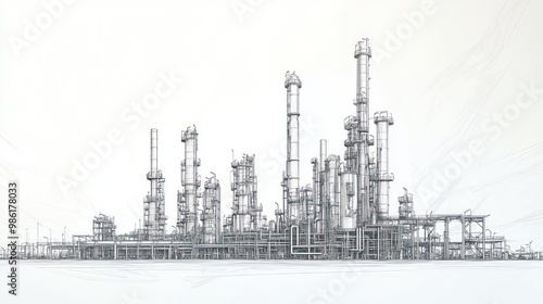 Sketch of industrial factory with tall towers and piping.