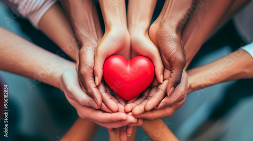 Hands holding small red heart. United diversity or multi-cultural partnership in a group 