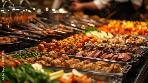 Grilled meat and vegetables, Food on a buffet table at the hotel, Group of people on catering buffet food indoor in restaurant with grilled meat Buffet service