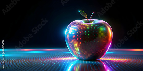 Futuristic holographic apple on dark abstract background , healthy food, engineering concept, biotechnology