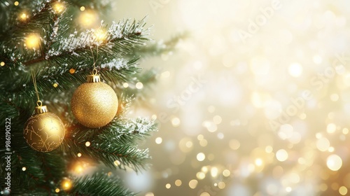 Close up of christmas tree branch with golden ball and lights in a room with a blurry background of boke of gold and white lights