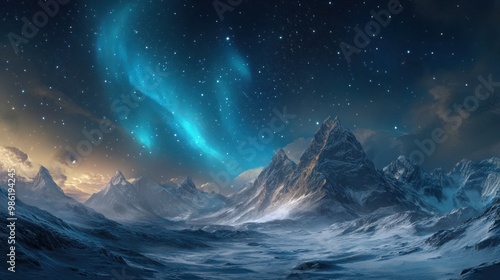 A majestic mountain range shrouded in snow under a starry night sky with an aurora borealis.