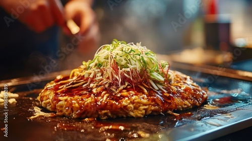 Close-up of okonomiyaki with green onions and sauce on a hot griddle.