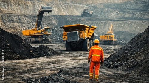 A worker in orange overalls walks past a large yellow dump truck in a coal mine.