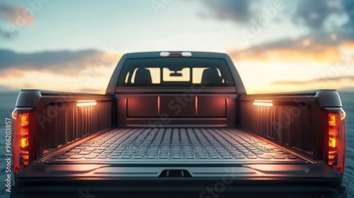 Back view of a pickup truck bed with a black bed liner and taillights.