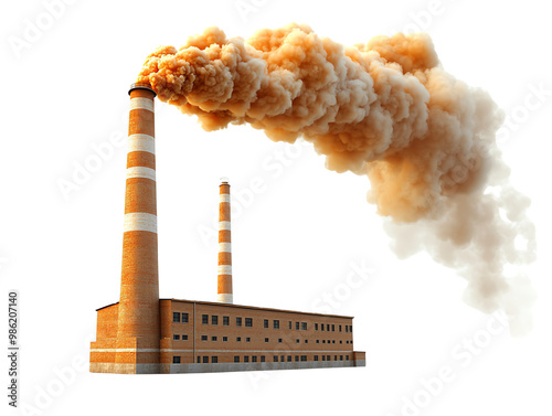 Factory chimney belching smoke, isolated on white background, clip art style