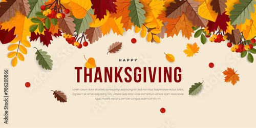 Happy thanksgiving greeting banner design template. Autumn background with pumpkin and dry fall leaves. Vector illustration