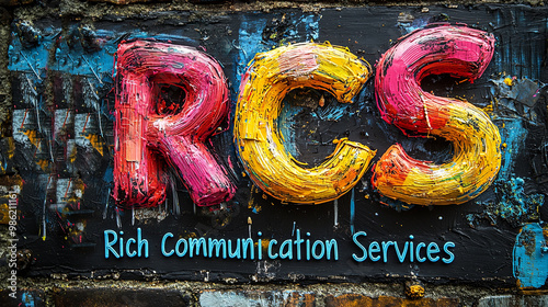 The image features a vibrant and colorful hand-painted sign with the initials 'RCS' and the full form 'Rich Communication Services' against a textured wall.