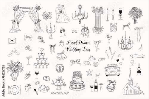 Minimalist whimsical hand drawn wedding doodle, simple outline icons. Objects like bride and groom, champagne glass, cake, candles perfect for wedding invitation card design. 