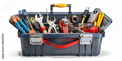 Isolated plumber toolbox with various tools inside, plumber, toolbox, isolated,equipment, wrench, repair, maintenance