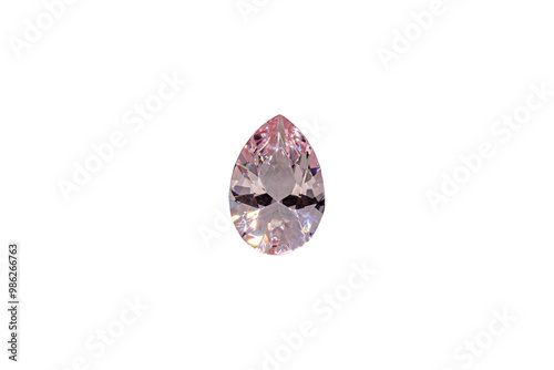 Morganite pink faceted pear cut stone mineral macro photography on white isolated background close up