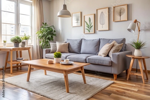 Interior of light living room with cozy grey sofa and wooden coffee table