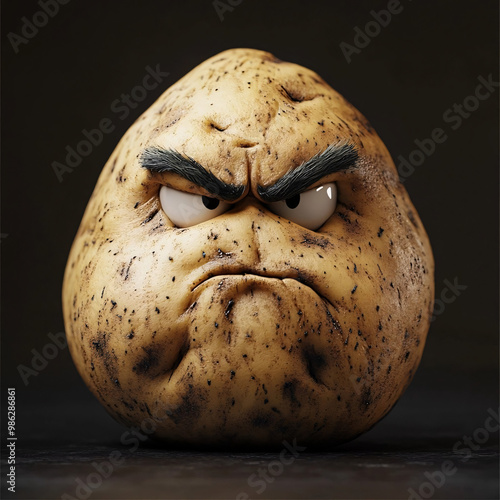 A grumpy potato with angry eyes, bushy eyebrows, and a scowling expression, presented in a realistic texture, resembling a humorous yet stern vegetable figure