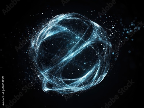 Glowing blue energy sphere with swirling light trails on a black background.